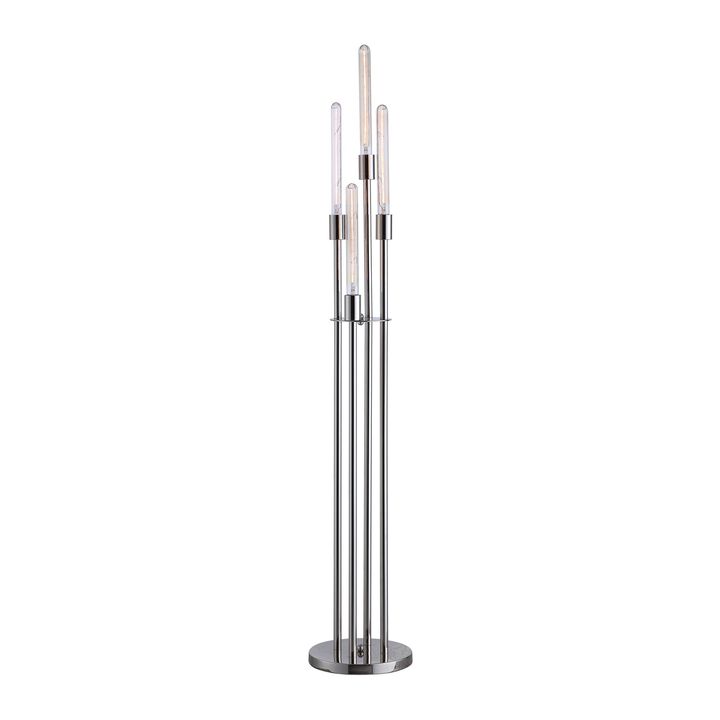 59 Inch Floor Lamp, 4 LED Lights, Metal Round Base, Glossy Nickel Finish-Benzara