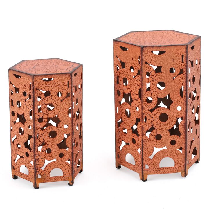 Silva Accent Table Set of 2, Hexagonal Top, Cut Pattern, Orange Iron - Benzara