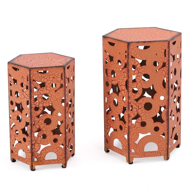 Silva Accent Table Set of 2, Hexagonal Top, Cut Pattern, Orange Iron - Benzara