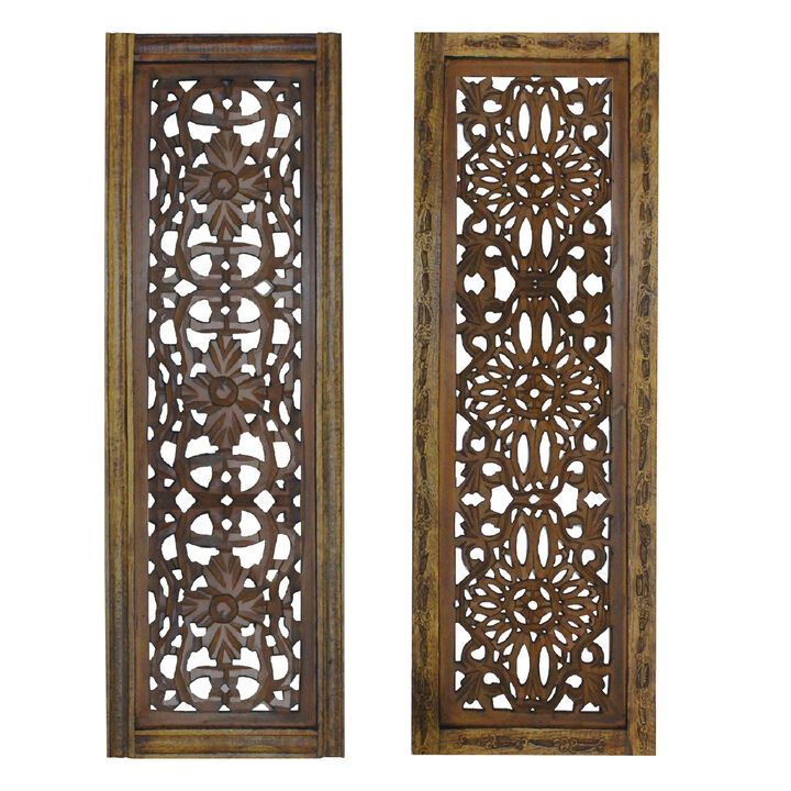Benzara Floral Hand Carved Wooden Wall Panels, Assortment of Two, Brown-Benzara