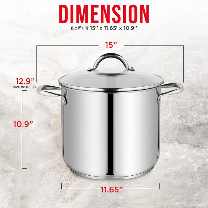 Bakken-Swiss Deluxe 16-Quart Stainless Steel Stockpot w/Tempered Glass See-Through Lid - Simmering Delicious Soups Stews & Induction Cooking - Exceptional Heat Distribution - Heavy-Duty & Food-Grade