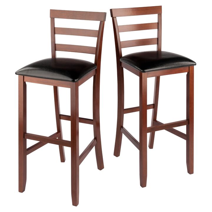 Ergode Simone 2-Piece Ladder Back Bar Stool Set - Black Faux Leather, Solid Wood Walnut Frame - Comfortable & Stylish Seating for Home Bar or Family Room - Easy Assembly & Replacement Parts Available