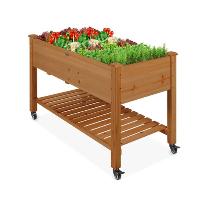 Hivvago Outdoor Brown Wood Raised Garden Bed Planter Box with Shelf and Locking Wheels