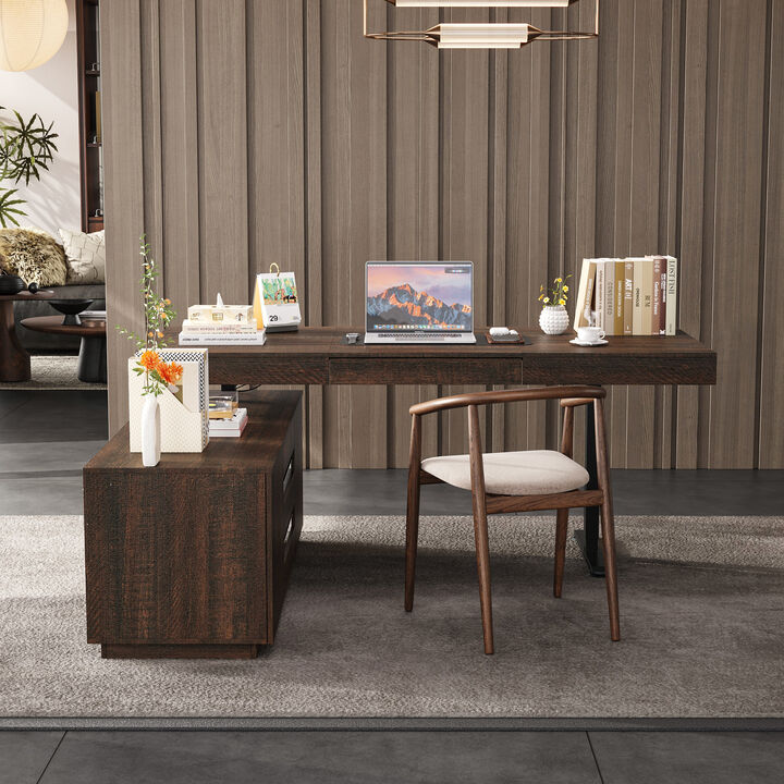 FUFU&GAGA Modern Brown Wood Grain Height-Adjustable Desk with Storage, P2 MDF, with Glass Drawers and Adjustable Shelves (70.9" W x 29.1"~44.1" H x 31.5" D), Brown