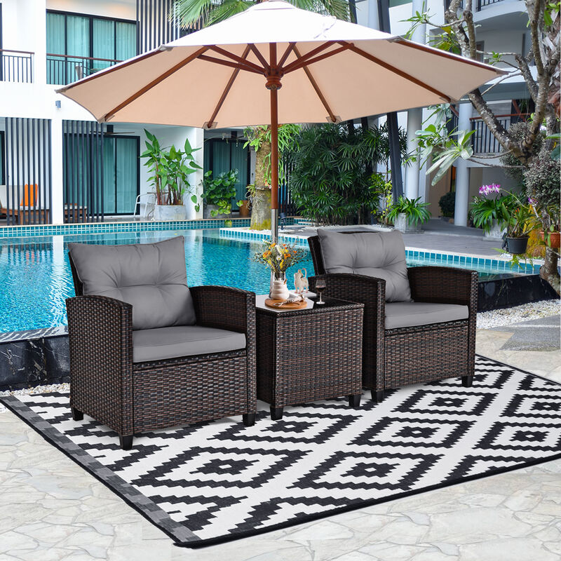 3 Pcs Patio Rattan Furniture Set Cushioned Conversation Set Coffee Table