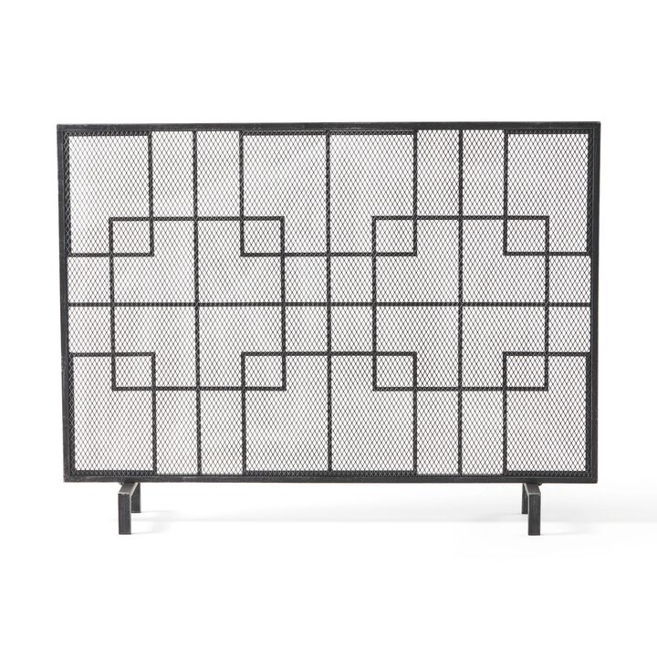31x41 Fireplace Screen with Mesh, Contemporary Design, Black, Silver  -Benzara