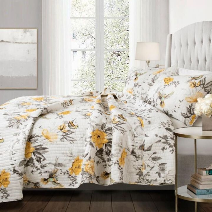 Hivvago King size 3 Piece White Yellow Grey Reversible Floral Birds Cotton Quilt Set
