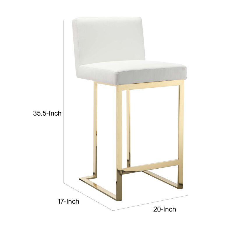 Boly 26 Inch Counter Stool, Cushioned White Faux Leather, Gold Cantilever - Benzara
