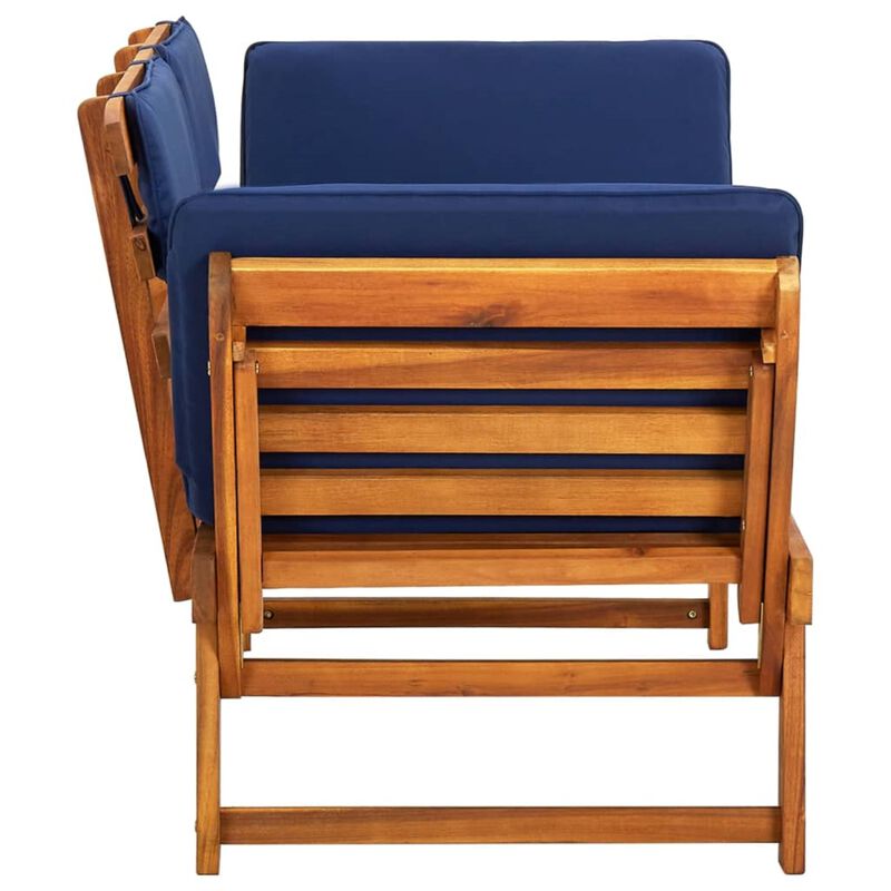 vidaXL Convertible Patio Bench and Day Bed with Blue Cushions - Solid Acacia Wood - Outdoor 2-in-1 Furniture - Garden Deck, Lawn, Backyard Seating, and Lying Comfort
