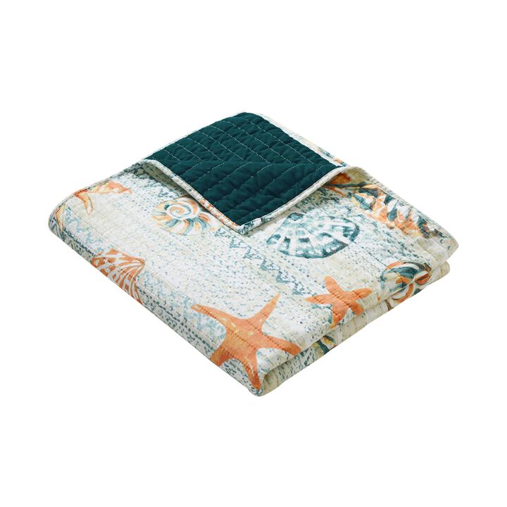 Carie Throw Blanket, Coastal Seashell Print, Blue Orange Cotton Microfiber