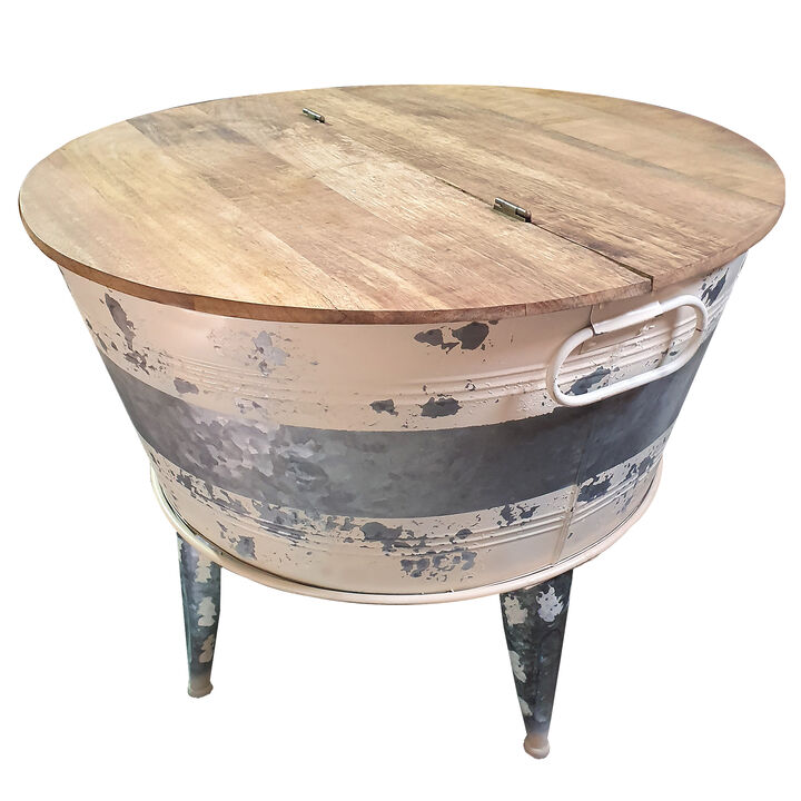 26 inch Accent Round Cocktail Table, Tub Like Iron Base, Brown, Gray, Washed White - Benzara