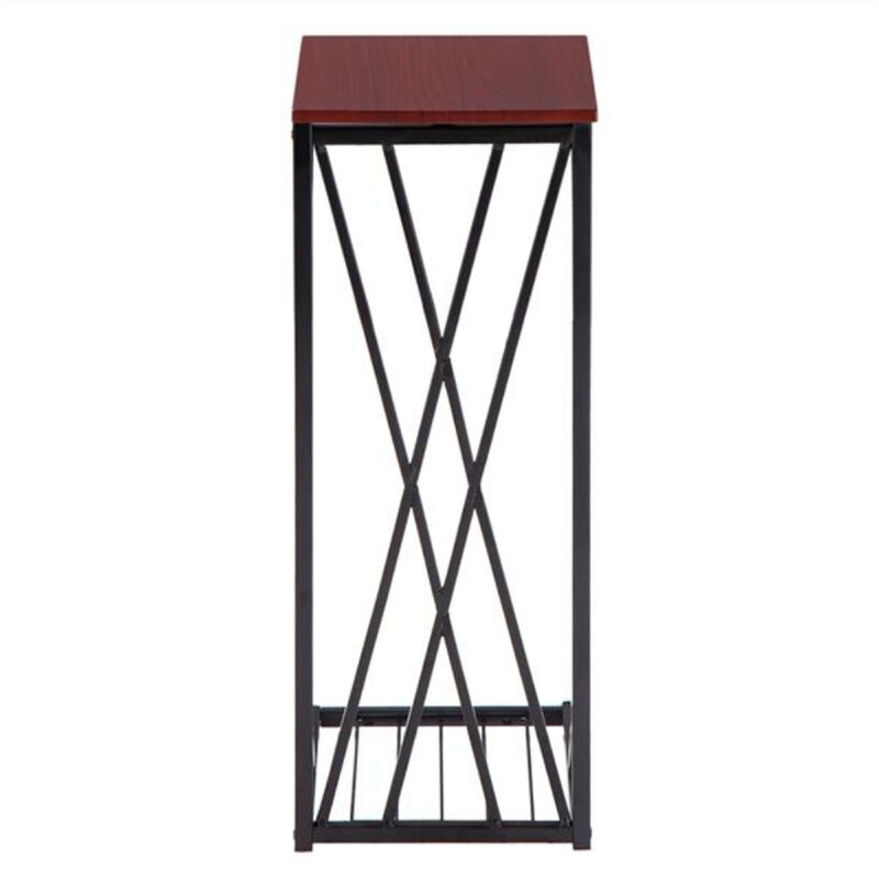 C-Type Coffee Table with Cross Line Brown Desktop, Modern Sofa Table for Living Room