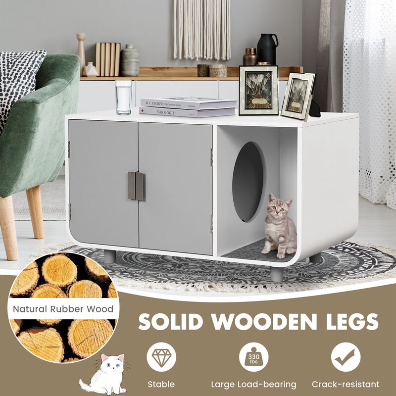 Costway Cat Litter Box Enclosure Furniture Hidden Cat Washroom with Rubber Wood Legs