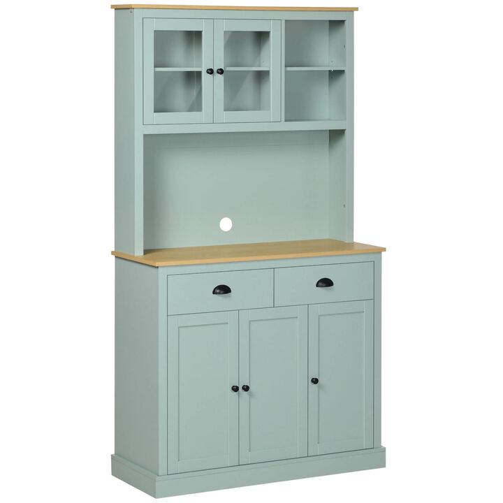 Light Blue Kitchen Cabinet: 71" Pantry with Hutch, Glass Doors