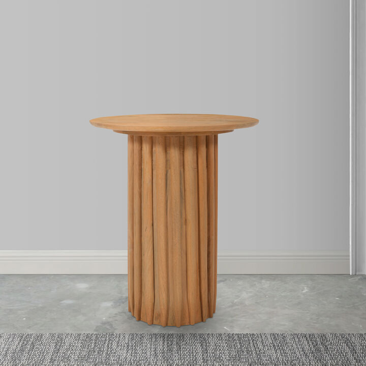 Sejo Side End Table, 20 Inch Round Top with Fluted Base in Natural Brown Mango Wood - Benzara