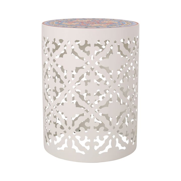Riki Side End Table, 14 Inch, Mosaic Tile Rattan, White Lace Cut Metal - Benzara