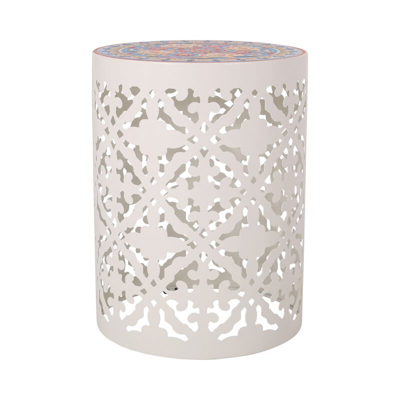 Riki Side End Table, 14 Inch, Mosaic Tile Rattan, White Lace Cut Metal - Benzara