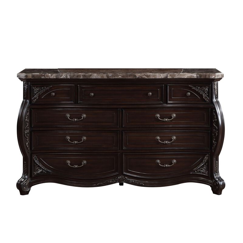 Benjara Faya 68 Inch Wide Dresser, 9 Drawers, Marble Top, Carved Walnut Wood, Brown, Silver
