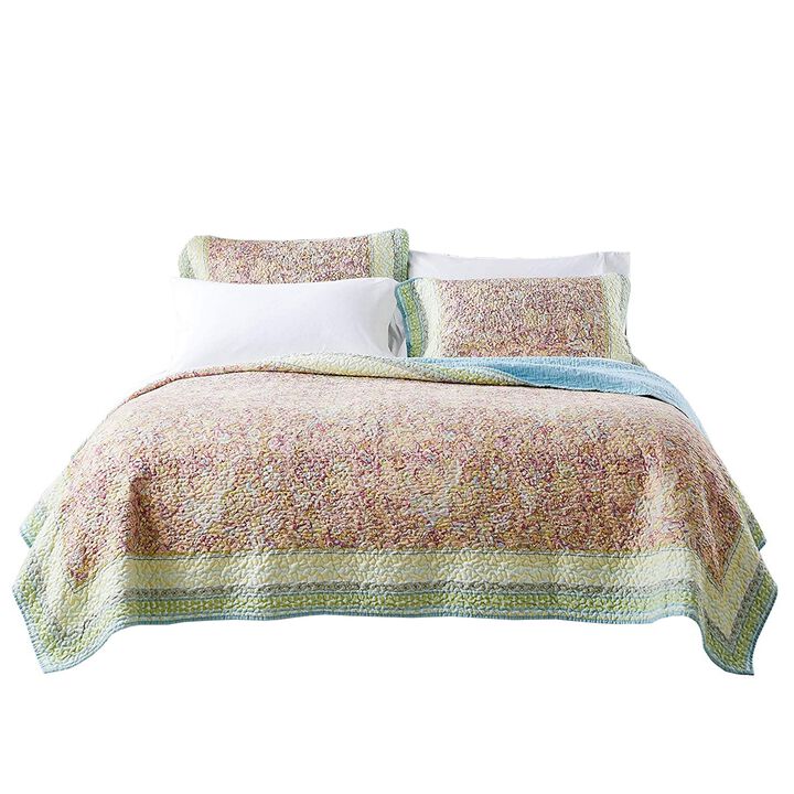 Denver 3 Piece King Cotton Quilt Set with Fern Branches Print, Multicolor - Benzara