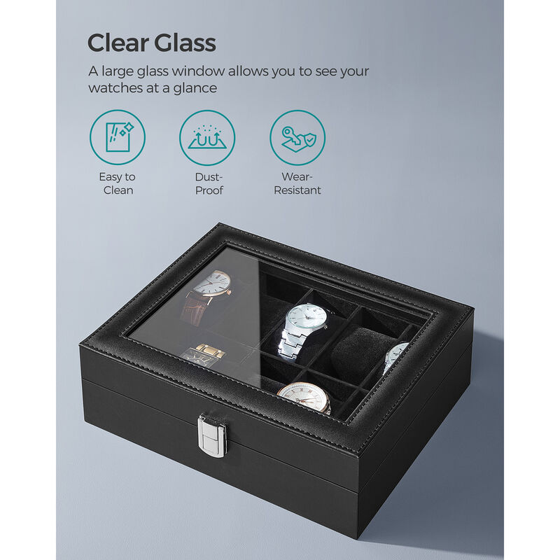 10-Slot Box with Glass Lid Jewelry Holder Case with Removable Pillow