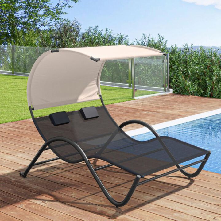 Hivvago Outdoor Double Chaise Lounge Chair with Sunshade Canopy and Headrest Pillows