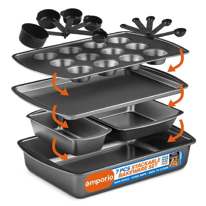 Stackable Baking Pan Set - Deluxe Nonstick White Marble Coating, Carbon Steel Bakeware Sets, PFOA, PFOS, PTFE Free, Recipe Booklet Included, Oven Safe (Up to 450°F), Set of 7 - Black