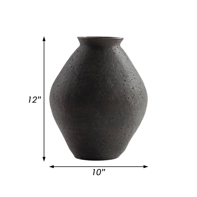 Dale 12 Inch Round Polyresin Vase, Wavy Ribbed Spiral Texture Antique Brown-Benzara