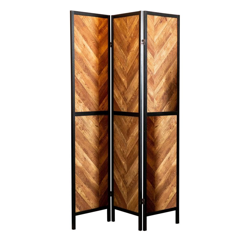 70 Inch Modern 3 Panel Folding Room Divider, Herringbone Pattern, Brown-Benzara