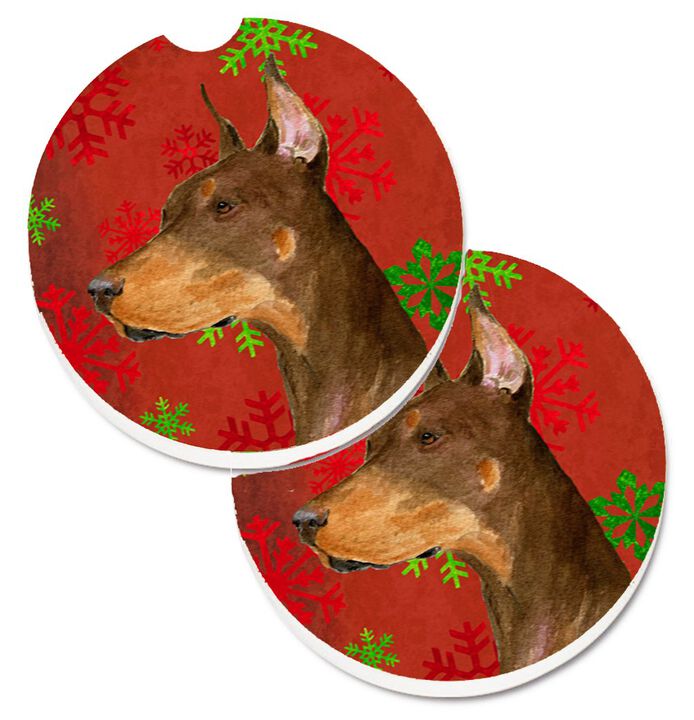 Caroline's Treasures Doberman Red & green Snowflakes Holiday Christmas Set of 2 Cup Holder Car Coasters SS4675CARC, 2.56, Multicolor
