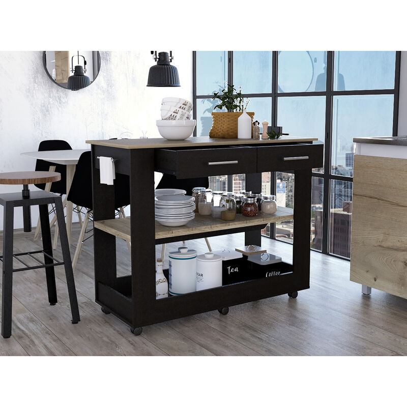 Streamdale Rockaway 2-Drawer 2-Shelf Kitchen Island Black Wengue And Light Oak