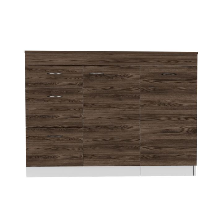 DEPOT E-SHOP Camp Kitchen Base Cabinet, Three Drawers, Two Interior Shelves, White / Dark Walnut