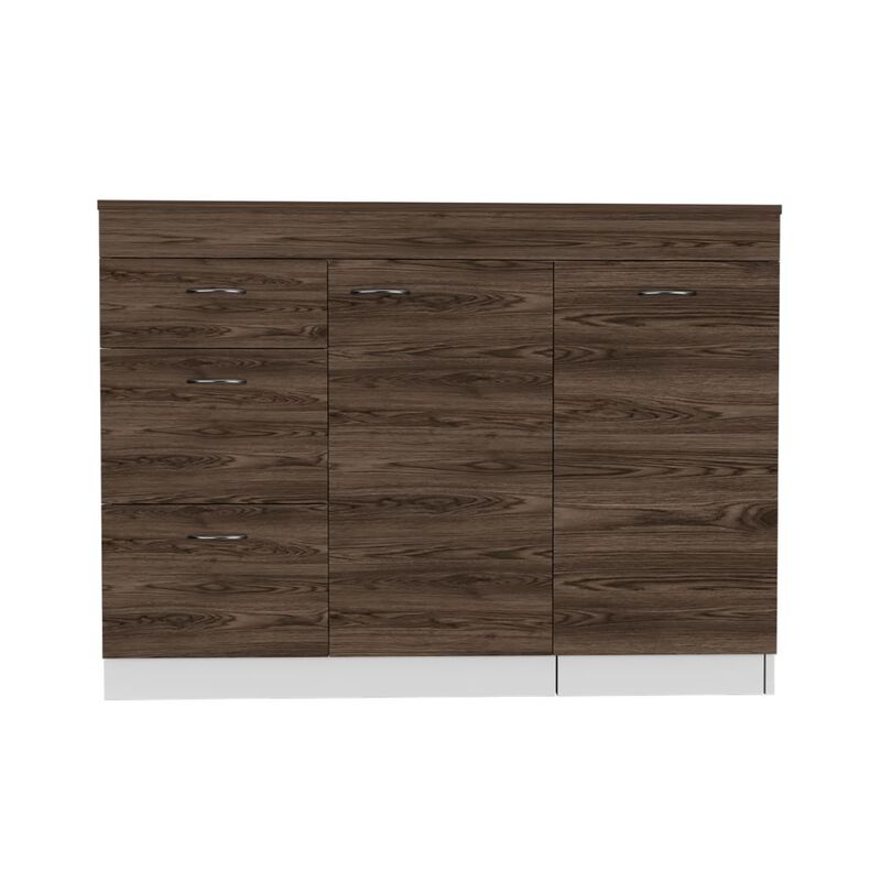 DEPOT E-SHOP Camp Kitchen Base Cabinet, Three Drawers, Two Interior Shelves, White / Dark Walnut