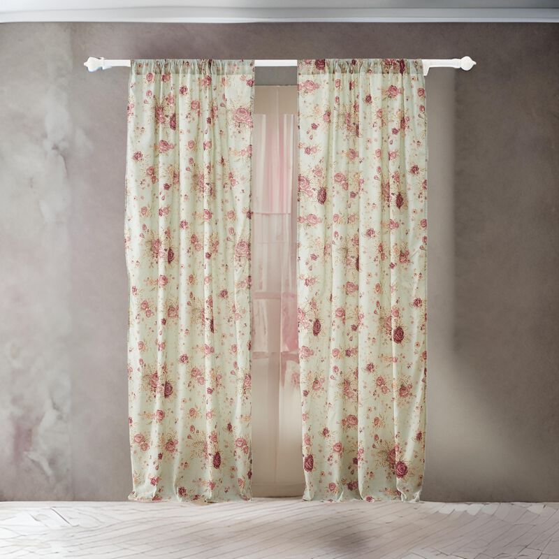 Rosle Set of 2 Window Curtains, Cotton, Antique Rose Print, Multicolor - Benzara