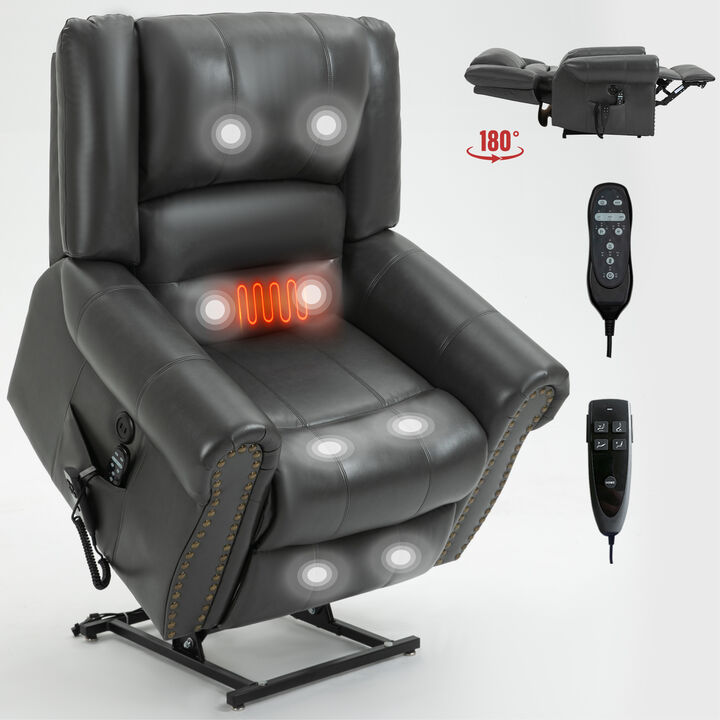 Power Lift Recliner Chair Heat Massage Dual Motor Infinite Position Up to 350 LBS, Genuine Leather, Heavy Duty Motion Mechanism with USB Ports, Brown