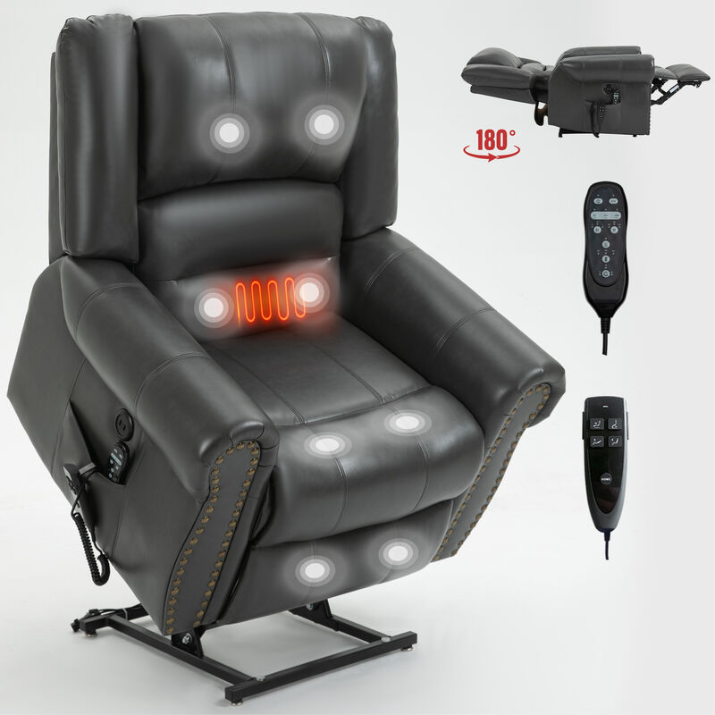 Power Lift Recliner Chair Heat Massage Dual Motor Infinite Position Up to 350 LBS, Genuine Leather, Heavy Duty Motion Mechanism with USB Ports, Brown
