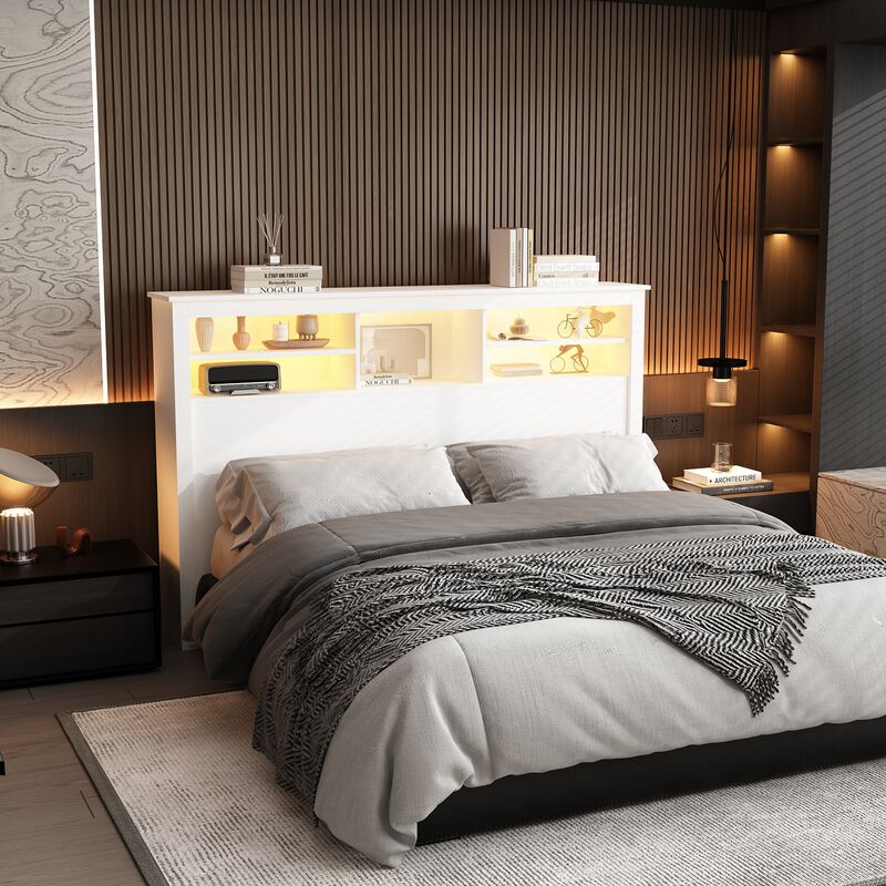 Full Queen White Wood Headboard Shelf With 5-Shelves and LED Lights