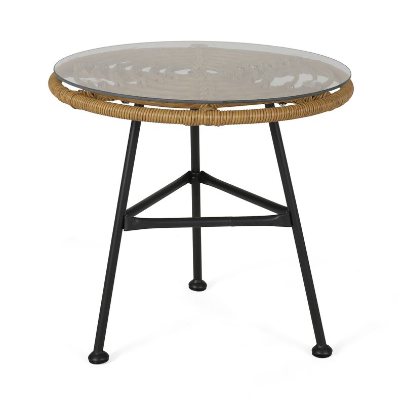 Tee Outdoor Side End Table, 20 Inch Rattan Weave, Glass Top, Steel - Benzara
