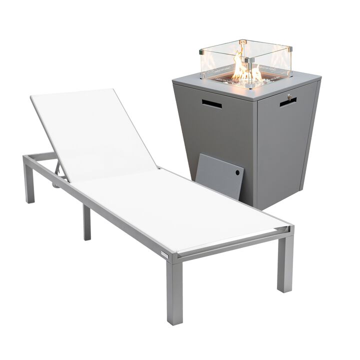 LeisureMod Marlin Modern Black Aluminum Outdoor Patio Chaise Lounge Chair in Grey Frame with Square Fire Pit Side Table