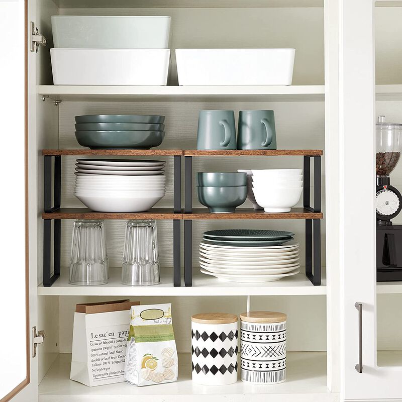 Set of 4 Stackable Cabinet Shelf Organizers - Metal and Particleboard Kitchen Counter Shelves, Expandable