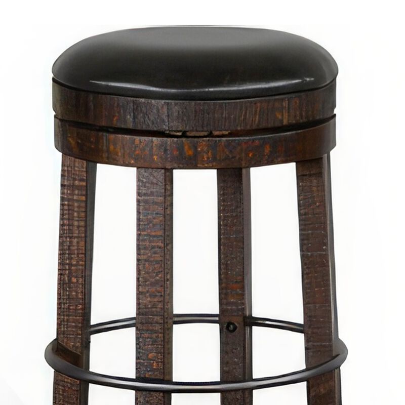 Flint Swivel Barstool Set of 2, Black Faux Leather, Dark Brown Wood - Benzara