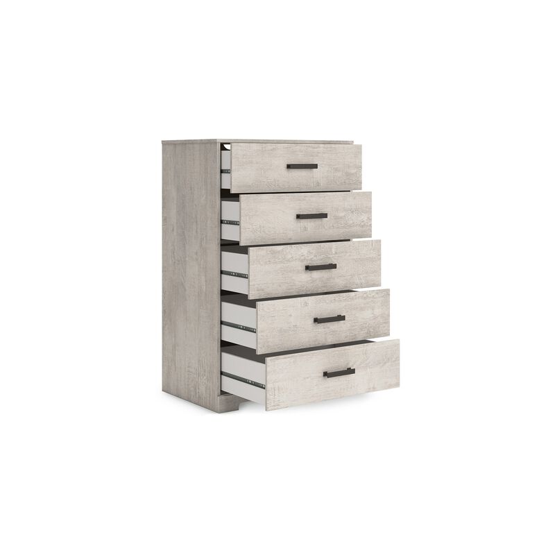 Shawn Tall Dresser Chest, 5 Drawers, Black Handles, Light Gray 46 Inch - Benzara