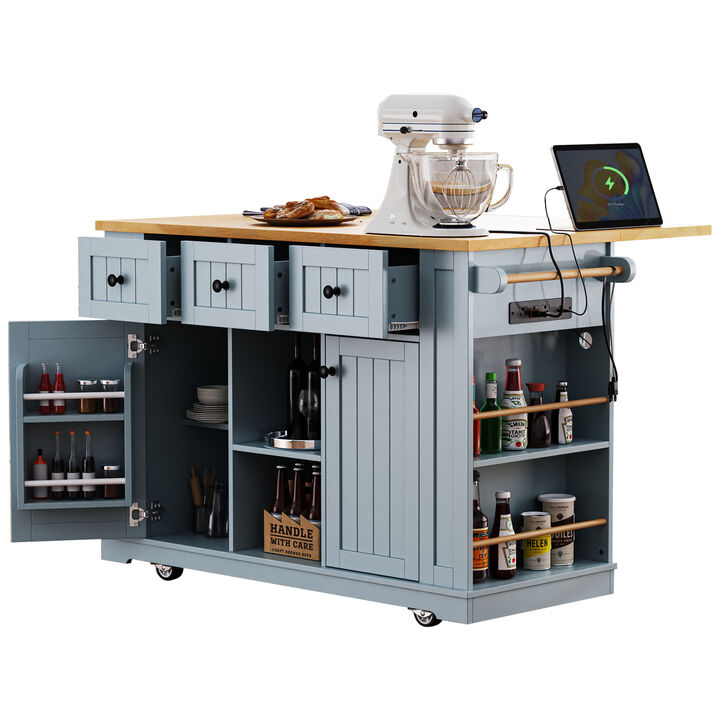 Large Rolling Kitchen Island with Drop Leaf, Power Outlet & Storage Racks