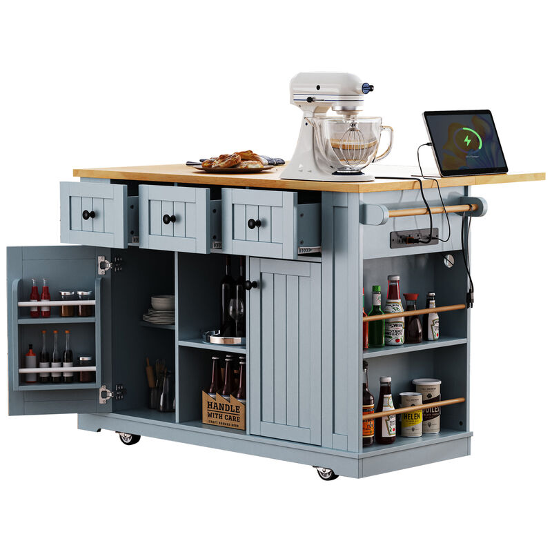 Large Rolling Kitchen Island with Drop Leaf, Power Outlet & Storage Racks