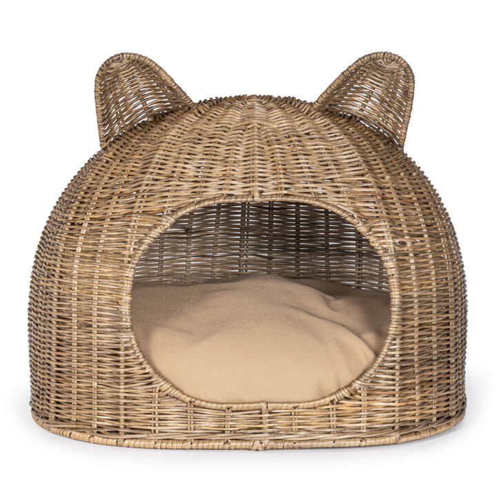 Cat Ear Coastal Handwoven Rattan Cat Bed with Machine-Washable Cushion