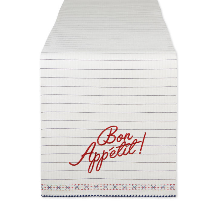 72" White and Red Bon Appetit Embroidered Table Runner