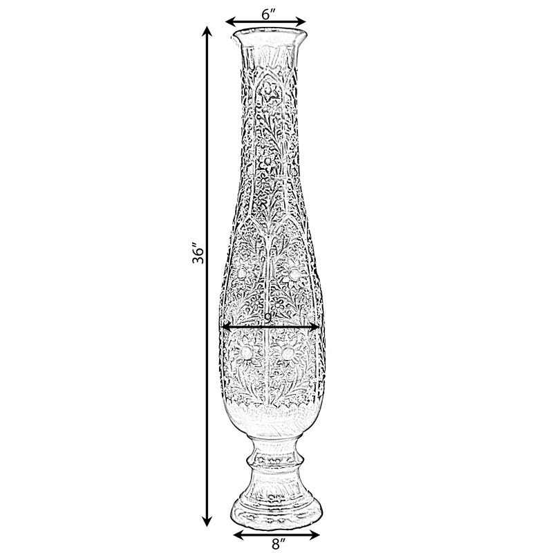Antique Decorative Hand Curved Brown Mango Wood Floor Flower Vase Trumpet Design with Unique Textured Pattern, 36 Inch