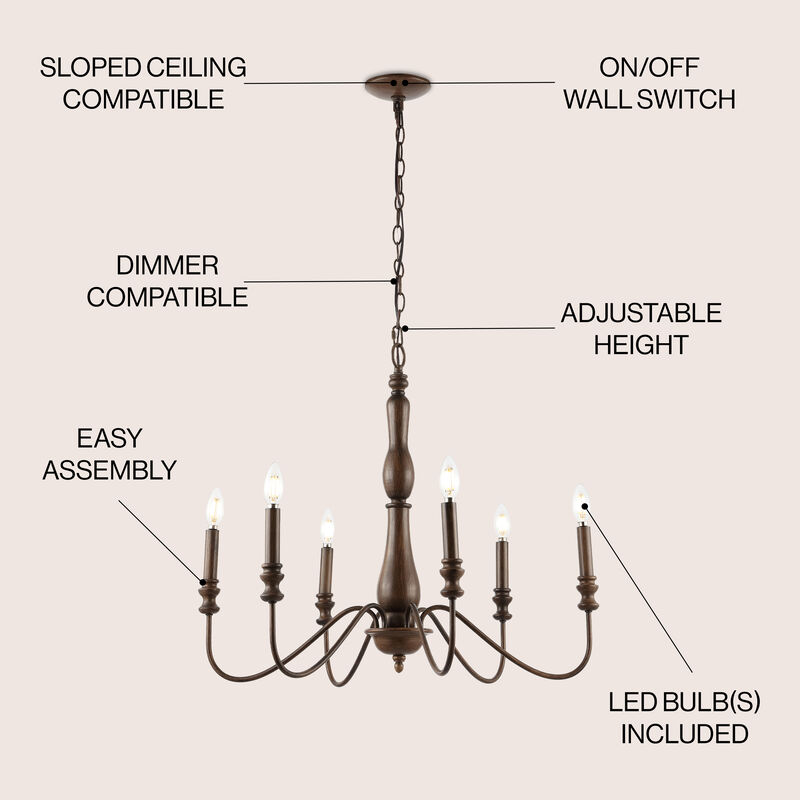Victoria 6-Light Rustic Midcentury Iron LED Chandelier