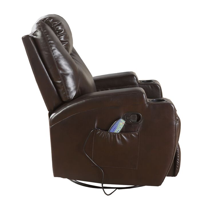 Contemporary Polyurethane Upholstered Metal Rocker Recliner with Swivel, Brown-Benzara