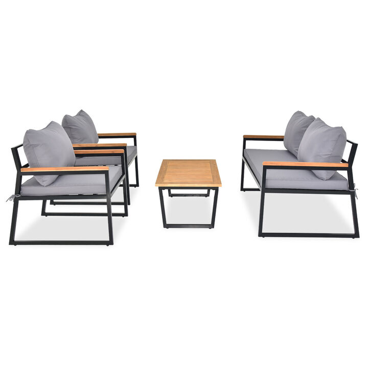 Patio Conversation Set 4-Piece Metal Frame with Acacia Wood Table and Cushions