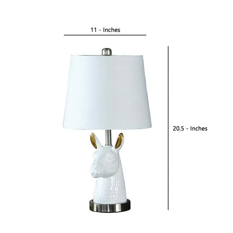 Metal Table Lamp with Llama Animal Head, White-Benzara